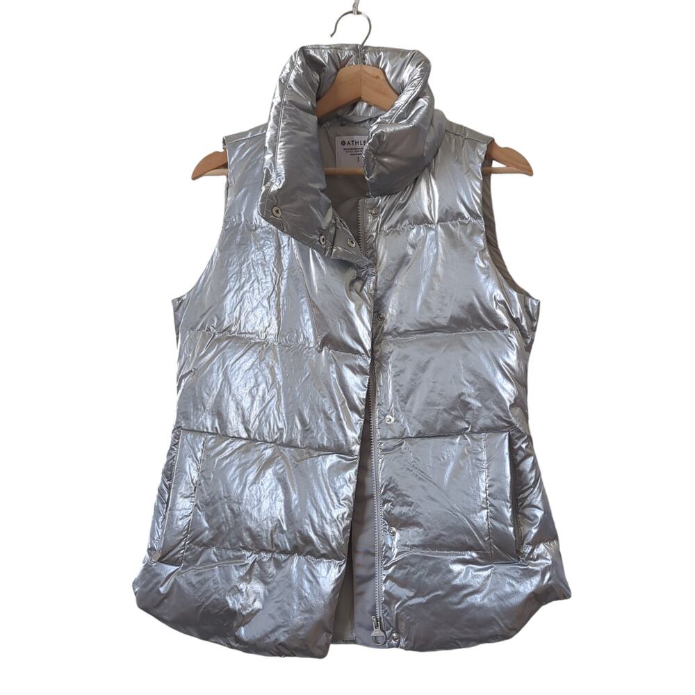 Athleta Puffer Vest Womens Silver Metallic Shiny Small Goose Down Puffy